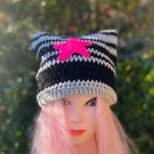 Unique Handmade Kawaii Cat Ears With Pink Star Beanie Black and Gray Beanie Hat