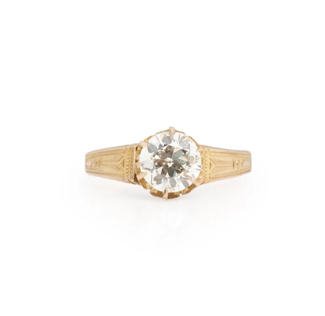Anillo de compromiso victoriano de oro amarillo de 14 quilates con diamantes brillantes de 1,37 ct, estilo antiguo europeo, circa 1877