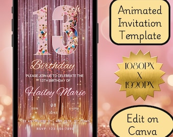 Invitación en video de cumpleaños número 13 con confeti: Plantilla animada (Canva)