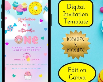 Adorable y dulce plantilla de video invitación para el primer cumpleaños de niña / Plantilla animada personalizable de Canva