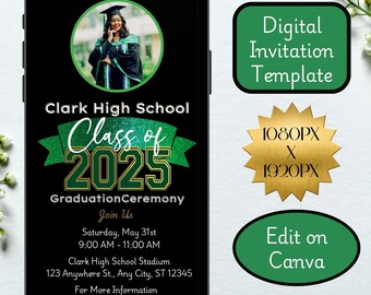 Invitación animada de graduación: Clase Verde y Dorada del 25 (Plantilla de Canva)