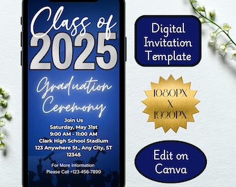 Invitación animada de graduación 2025: Plantilla de foto azul neón (descarga digital)