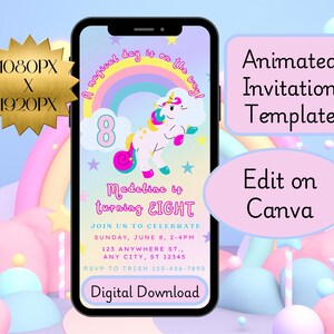 Animated Rainbow Unicorn Video Invitation for Fun 8th Birthday Bash | Colorful Unicorn Themed Customizable Video Invitation Template