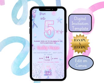 Video invitación de cumpleaños de sirena / Plantilla de invitación personalizable animada "Sumérgete en 5"