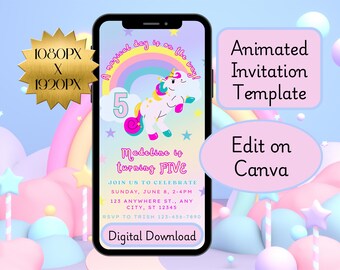 Invitación en video de unicornio arcoíris para el quinto cumpleaños: Plantilla editable de Canva (descarga digital)