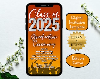 Plantilla de video invitación de graduación naranja neón 2025 (descarga digital)