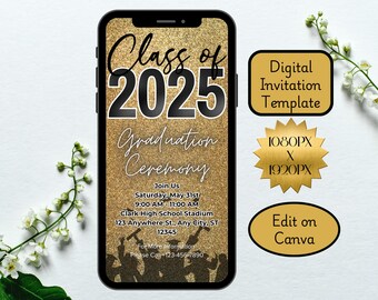 Invitación animada de graduación de 2025: negro y dorado (plantilla de Canva)