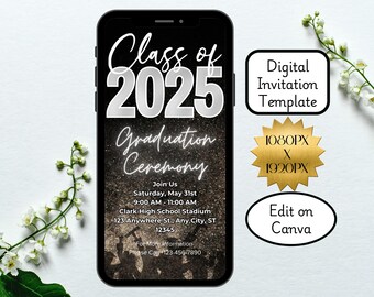 Invitación animada de graduación 2025: Plantilla de foto en blanco y negro (descarga digital)