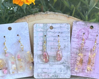 Real Dried Flower Resin Earrings: Gold Flakes, Botanical Jewelry