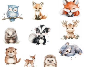Watercolor Baby Woodland Animals Clip Art – 10 PNG Images (Instant Download)