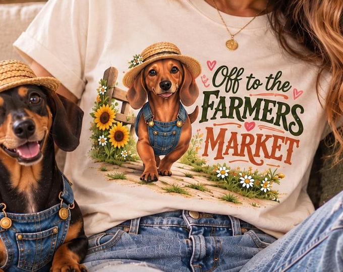 Featured listing image: Farmers Market Dachshund T-Shirt | Wiener Dog in Overalls Tee | Cute Country Dog Shirt