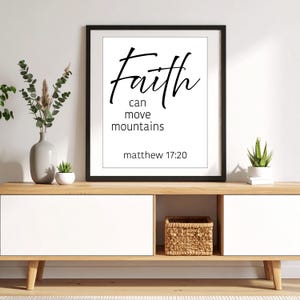 Christian Wall Art, Faith Moves Mountains, Farmhouse Decor, Black and White Bible Verse Quotes, Religious Printable, Inspirational Scripture
