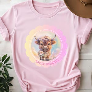 Moo-velous Highland Cow T-Shirt, Cute Cow Tee, Positive Mental Health Shirt, Uplifting Animal Lover Gift, Pastel Cow Design Shirt