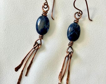 Hammered Copper Fringe Earrings | Dangling | Dark Blue Bead