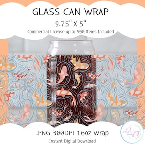 Puede incluir: Envoltura de vidrio para latas con un diseño de peces en tonos marrón, melocotón y blanco. La envoltura mide 24,77 cm x 12,7 cm y es una envoltura de 16 oz. El texto "GLASS CAN WRAP" es visible.