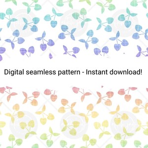May include: A digital seamless pattern featuring a repeating design of stylized cherries in a watercolor style. The cherries transition in color from pink to yellow, green, blue, and purple. The text "Digital seamless pattern - Instant download!" is at the bottom.