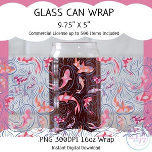 Puede incluir: Un envoltorio de vidrio para latas con un diseño de peces rosas y naranjas. El envoltorio mide 24,77 cm x 12,7 cm e incluye una licencia comercial para hasta 500 artículos. El diseño es un archivo .PNG, 300 DPI, y es para un envoltorio de 16 oz. El texto en la imagen dice "Descarga digital instantánea".