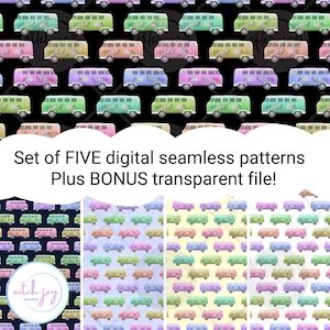 Set of FIVE +1 Vintage Classic Toy Combi Campervan Cars Seamless Repeat Pattern, Retro Rainbow Vehicles Instant Digital Download, Volkswagen