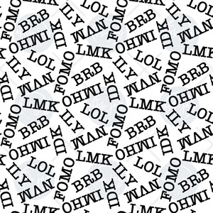May include: A white background is covered with black text abbreviations such as LOL, BRB, and FOMO. The words are scattered across the image in a random pattern, creating a modern design.