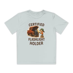認定懐中電灯ホルダー付きユースTシャツ、楽しいキッズシャツ、誕生日プレゼント、プレイタイムアパレル、軽快なユーモアTシャツ