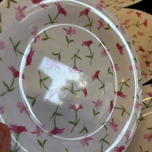 May include: White ceramic plates with a floral pattern of pink and red flowers and green stems. The plates have a slightly raised edge and a glossy finish. The floral design is repeated across the surface of the plates.