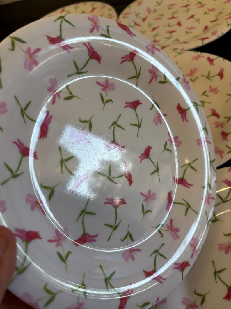 May include: White ceramic plates with a floral pattern of pink and red flowers and green stems. The plates have a slightly raised edge and a glossy finish. The floral design is repeated across the surface of the plates.