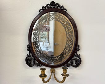 Antique Oval Mahogany Mirror Wall Sconces with Etched Glass & Brass Candle Arms