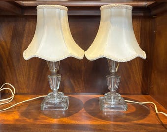 Vintage 1910s Crystal Boudoir Table Lamps w/ Scalloped Shades