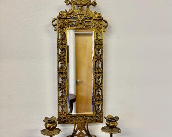Antique Gilt Brass Mirror With Candle Sconce With Koi Fish Motifs