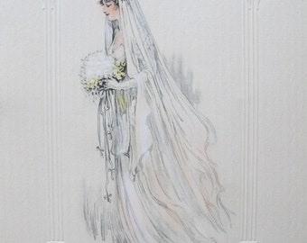 Könnte beinhalten: Eine Schwarzweißillustration einer Braut in einem weißen Hochzeitskleid und Schleier, die einen Blumenstrauß hält. Die Braut steht in einem Torbogen. Der Text "Our Wedding" steht unter dem Bild.