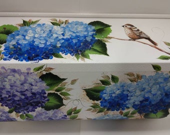 Custom Artfully Painted Hydrangeas w/songbird, Sealed, Non-locking Wall-Mount Mailbox, Galvanized Steel