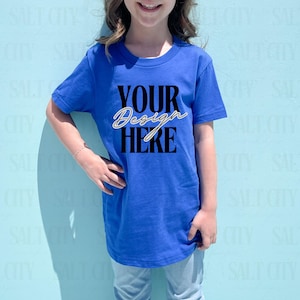 Bella Canvas 3001Y True Royal Mockup | Kids Tshirt Mockup | Youth T-shirt | Bella Canvas Youth Shirt | Trendy Minimal Colorful Real Model