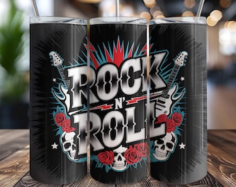 Rock and Roll Tumbler Wrap PNG, Retro Sublimation Design for 20oz Skinny Tumbler, Skull Guitar Digital Download, Metal Music Lover Cup Wrap