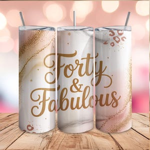 40th Tumbler Wrap, Forty And Fabulous Birthday Tumbler Design, Tumbler Wrap PNG, 20 oz Skinny Tumbler Design, Rose Gold Glitter Leopard