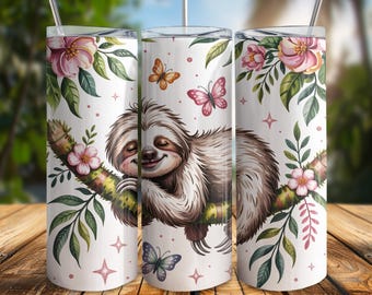 Sloth Tumbler Wrap PNG, Girly Sublimation Design for 20oz Skinny Tumbler, Cute Lazy Sloth Digital Download, Pastel Animal Print for Cups