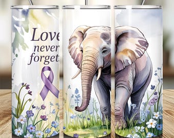 Envoltura para vaso con demencia PNG, diseño delgado de sublimación de 20 oz, descarga digital, No me olvides, lazo morado, apoyo a la salud mental