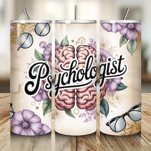 Envoltura para vaso de psicólogo, Psicología PNG, Diseño de sublimación para vaso recto delgado de 20 oz, Envoltura para vaso de salud mental PNG, Floral vintage