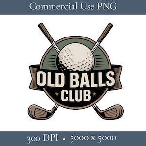 Puede incluir: Un logotipo de estilo vintage para el "Old Balls Club" con una pelota de golf, palos de golf cruzados y una pancarta con el nombre del club. El dise&ntilde;o es en tonos marrones, verdes y blancos, con el texto "Commercial Use PNG" en la parte superior.