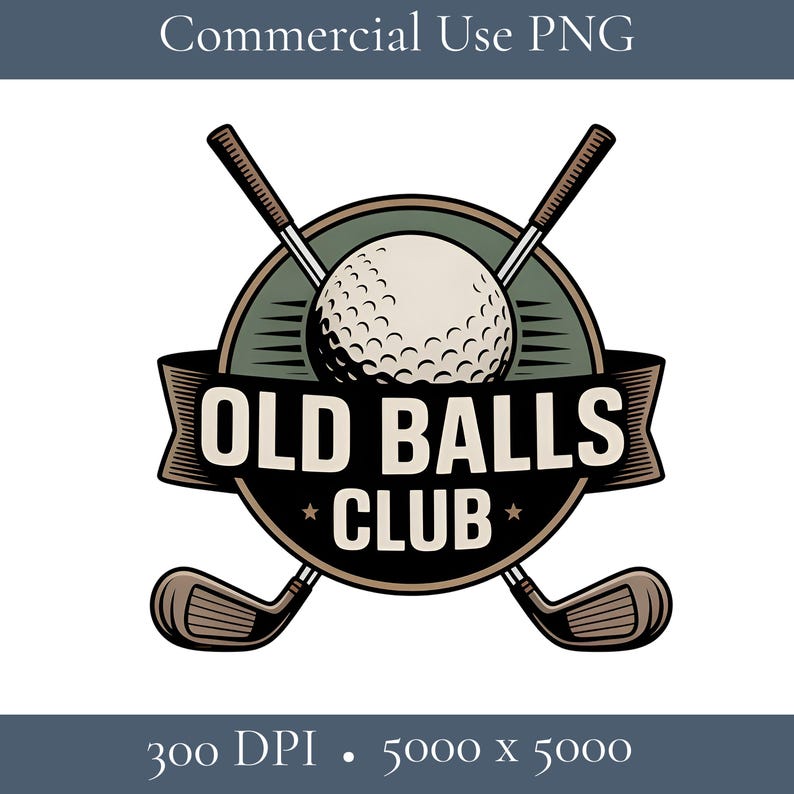 Puede incluir: Un logotipo de estilo vintage para el "Old Balls Club" con una pelota de golf, palos de golf cruzados y una pancarta con el nombre del club. El dise&ntilde;o es en tonos marrones, verdes y blancos, con el texto "Commercial Use PNG" en la parte superior.