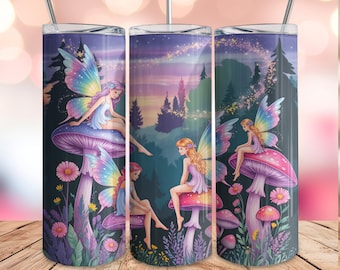 Diseños de envolturas para vasos de 20 oz con hadas, envoltura PNG para vasos de hadas, sublimación de vasos delgados de 20 oz, diseño de envoltura de vaso de fantasía, hadas del bosque mágico