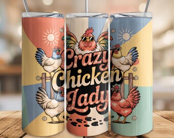 Crazy Chicken Lady Tumbler Wrap PNG, landbouwhuisdieren sublimatieontwerp voor 20oz Skinny Tumbler, grappige kip digitale download voor bekerambachten
