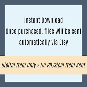 Puede incluir: Un anuncio de art&iacute;culo digital con el texto "Descarga instant&aacute;nea" y detalles sobre la entrega autom&aacute;tica de archivos a trav&eacute;s de Etsy despu&eacute;s de la compra. La secci&oacute;n inferior indica "Solo art&iacute;culo digital > No se env&iacute;a ning&uacute;n art&iacute;culo f&iacute;sico".