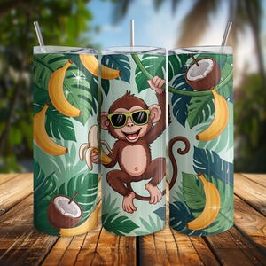 Vaso de mono PNG, vaso de animal de la selva, diseño de sublimación de vaso delgado de 20 oz, mono descarado PNG, descarga digital