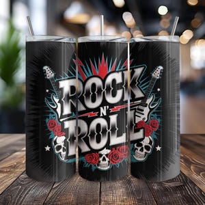 Rock and Roll Tumbler Wrap PNG, Retro Sublimation Design for 20oz Skinny Tumbler, Skull Guitar Digital Download, Metal Music Lover Cup Wrap