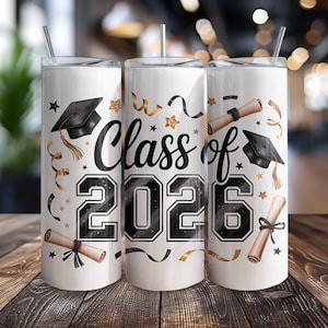 Graduation Tumbler Wraps 2026, 20oz Skinny Sublimation PNG, Senior Class Gift, Congrats Grad Design, Black and Gold Graduation Cap Cup Wrap
