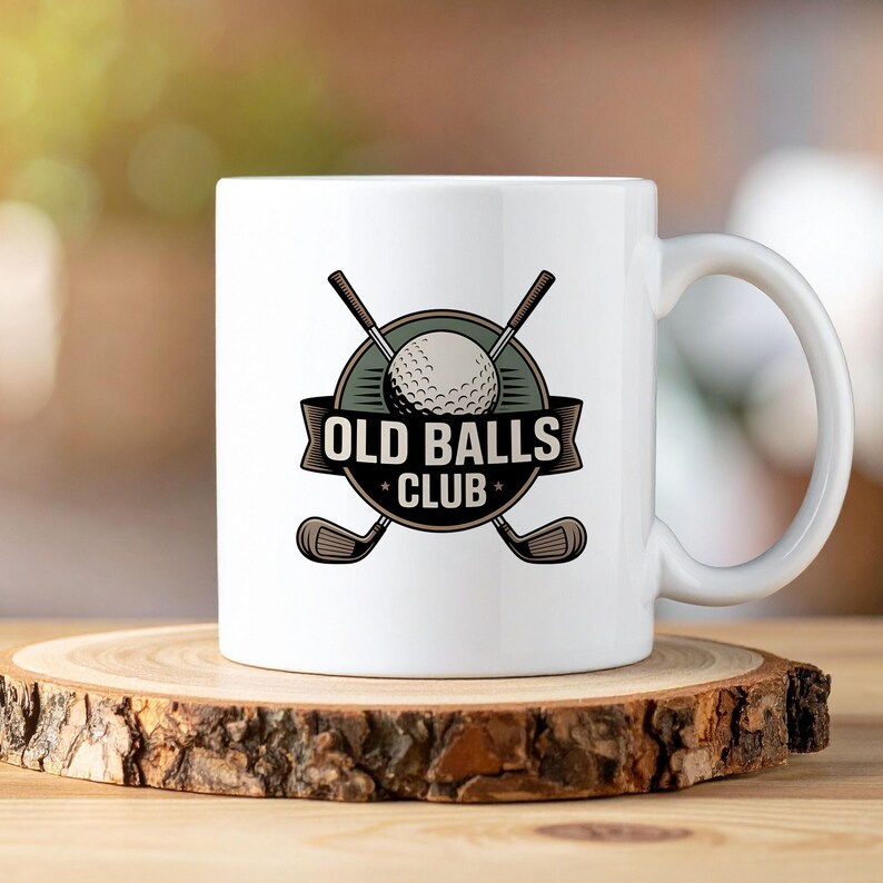 Puede incluir: Taza de cer&aacute;mica blanca con el texto "OLD BALLS CLUB" y un dise&ntilde;o de golf en negro, marr&oacute;n y verde. La taza presenta una pelota de golf y palos cruzados. Est&aacute; sobre una rodaja de madera.