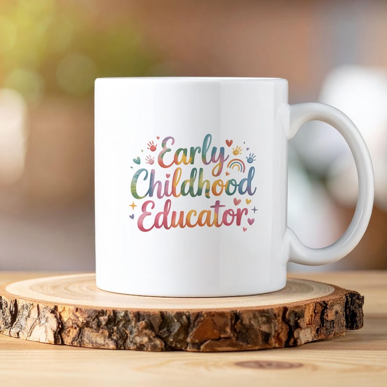 May include: White ceramic mug with the text "Early Childhood Educator" in colourful, whimsical lettering. The mug features a large handle and is decorated with hearts, stars, and a rainbow. The mug is displayed on a wooden slice.