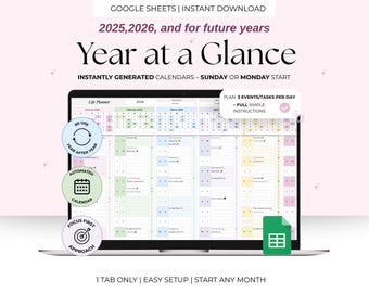 Foglio di calcolo per la pianificazione annuale in breve Fogli Google Panoramica annuale non datata Monitoraggio mensile di attività ed eventi 2026 Download digitale