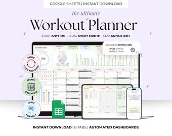 May include: Digital workout planner displayed on a computer, tablet, and smartphone. The planner includes charts, graphs, and a calendar. Text includes "Workout Planner", "Start Anytime", "Reuse Every Month", and "Stay Consistent". Additional text: "Instant Download".