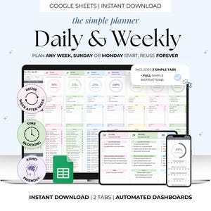 May include: A digital planner displayed on a laptop, tablet, and smartphone. The planner is labeled "Daily & Weekly" and includes features like time blocking and ADHD-friendly planning. The image also includes the text "Instant Download".